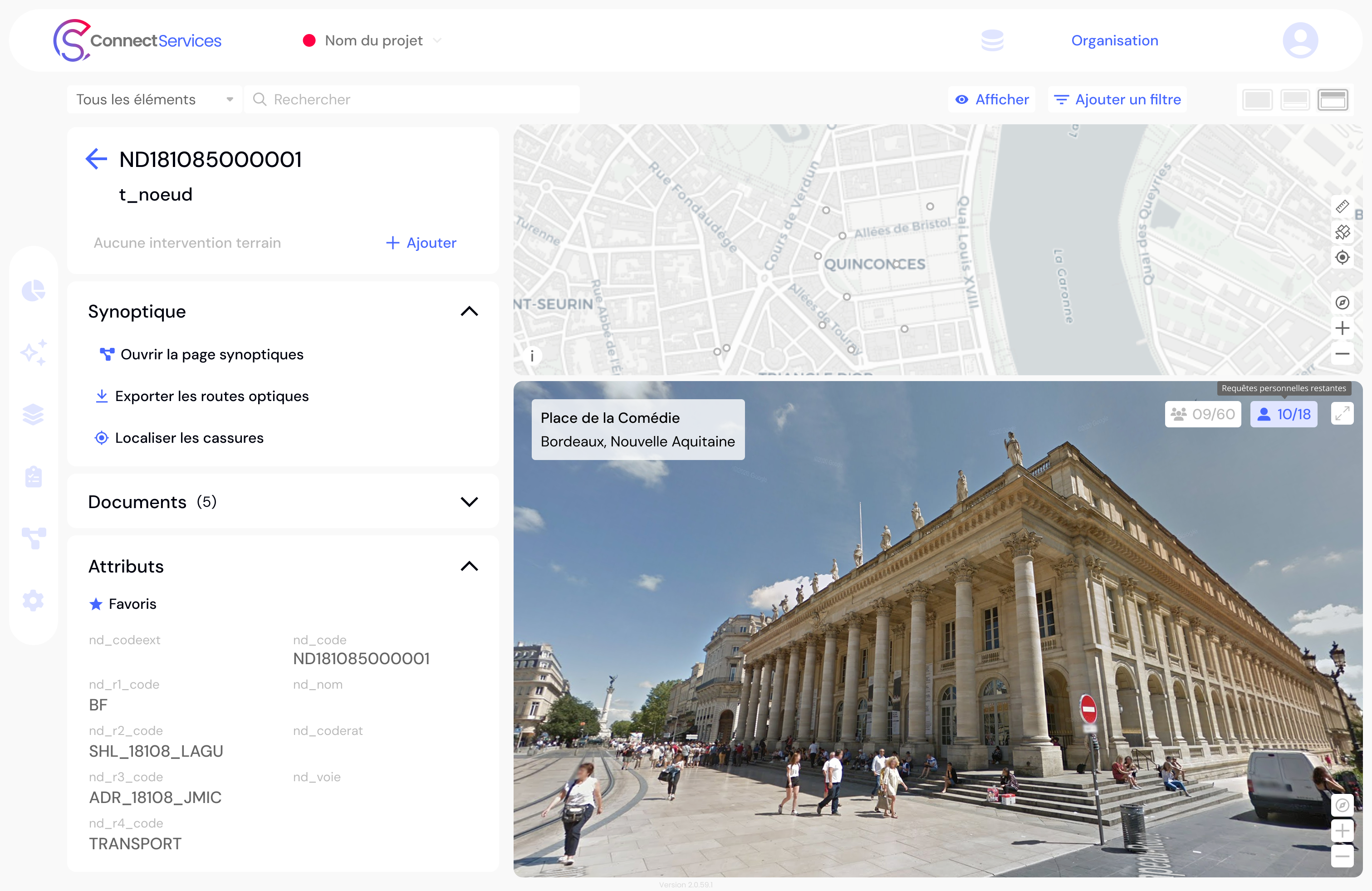 Capture d'écran de la fonctionnalité Streetview dans ConnectServices