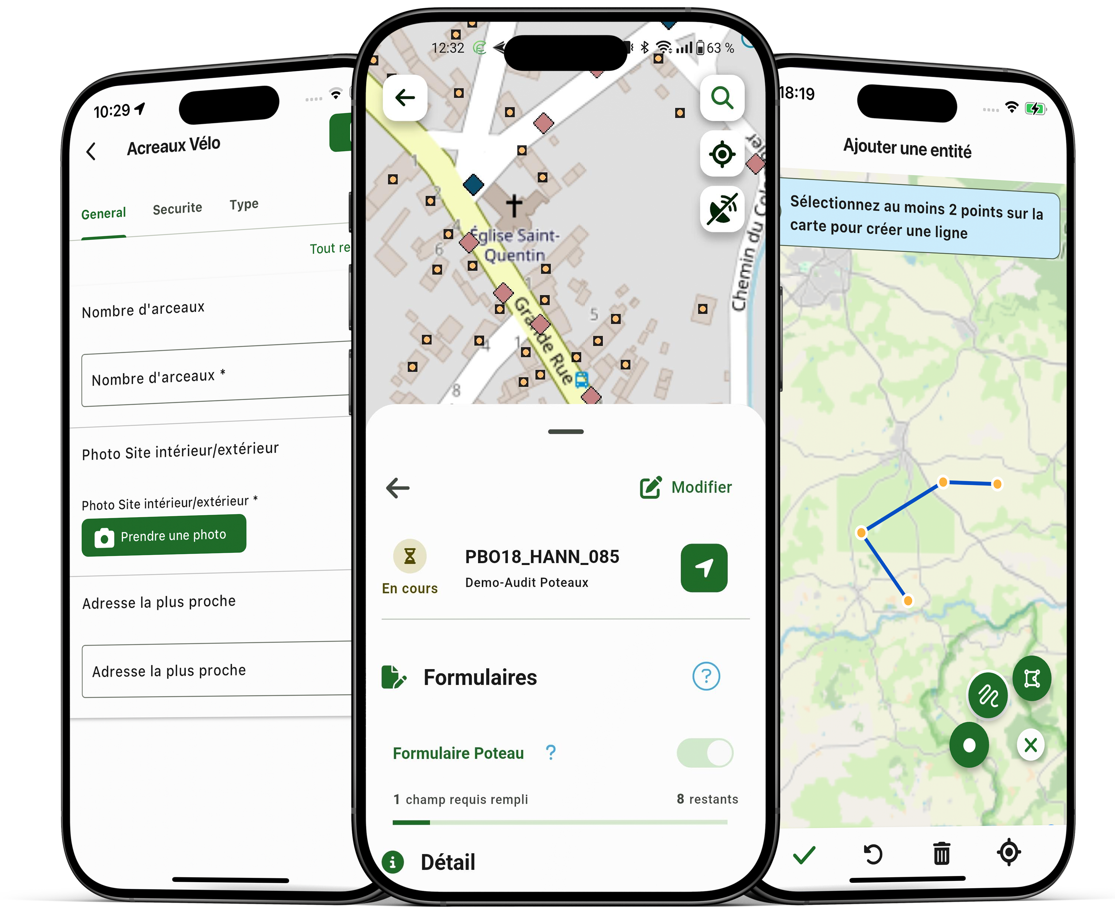 Three ConnectField screens showing a form, feature details and feature creation